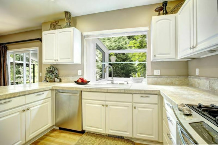 White kitchen cabinets with steel appliances and light tone hardwood floor